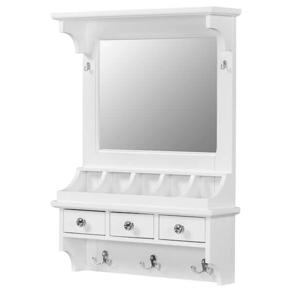 Tatahance White 23.8 in W x 31.8 in. H Rectangle Wood Framed Floating Storage Vanity Mirror with Drawers and Hooks