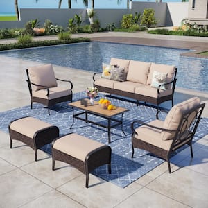 Dark Brown Rattan 7 Seat 6-Piece Steel Outdoor Patio Conversation Set with Beige Cushions and Table with Wood-Grain Top