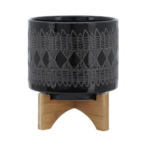 8 in. Black Ceramic Planter Stand Plant Pot with Wood Stand Feet for Outdoor/Indoor Stand (1-Pack)