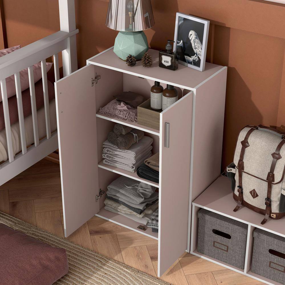 Quincy 35.2 in. Tall Stackable Light Pink Engineered Wood 3-Shelf Modern Modular Cabinet Bookcase with 2-Doors