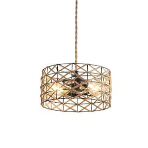 3-Light Brown Rustic Retro Pendant Light with Weaving Hemp Rope Shade and Adjustable Height, No Bulbs Included