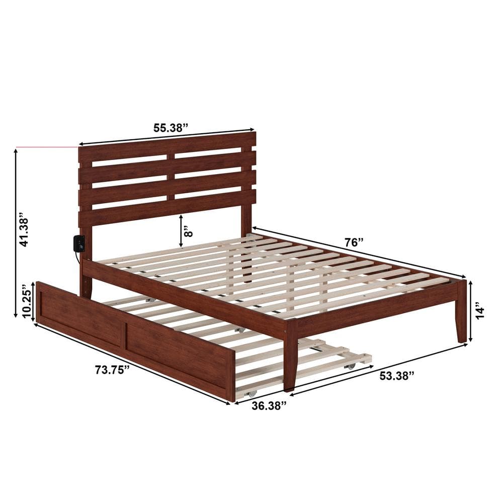 Walnut Full Wood Platform Bed with Trundle and USB Charger