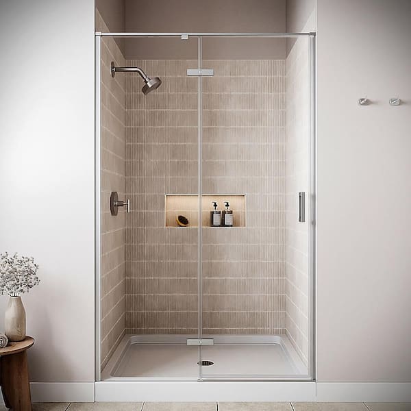 Liri 48 in. x 76 in. Framed Pivot Shower Door with CrystalTech Treated 5/16 in. Glass, Polished Chrome Hardware