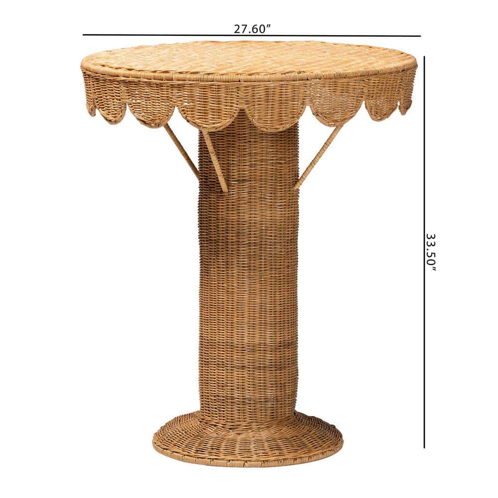 Pabla Light Honey Rattan and Metal Round Scalloped Accent Table