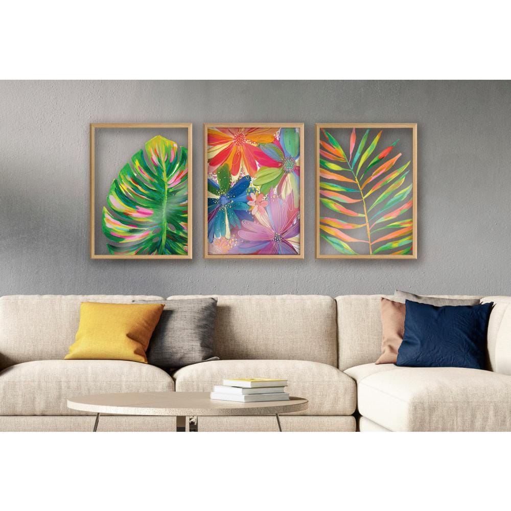 Colorful Tropical Floral Print on Glass with Natural Frame