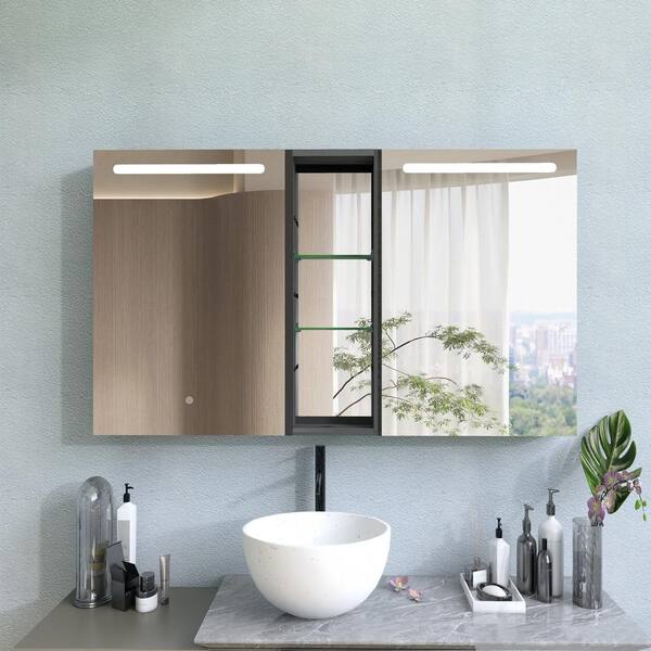 Aoibox 50 in. W x 30 in. H Black Aluminum Surface Mount Double Door Medicine Cabinet with Mirror Dimmer