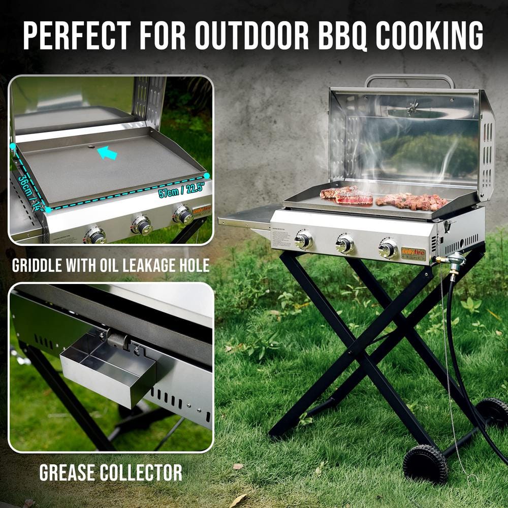 Stainless Steel 3-Burner Portable Propane Gas Grill with Cart