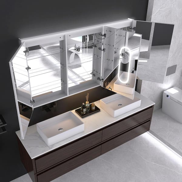 66 in. W x 36 in. H Rectangular Silver Aluminum Recessed/Surface Mount Medicine Cabinet with Mirror and LED