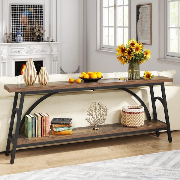 Turrella 70.8 in. Rustic Brown Rectangle Wood Narrow Console Table Extra Long TV Console with 2 Tier Storage Shelves