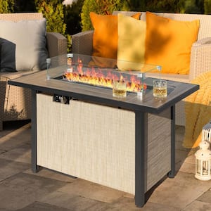 43 in. x 25 in. Rectangle Textilene Metal Propane Gas Light Brown Fire Pit Table with Lid, Glass Beads and Wind Guard