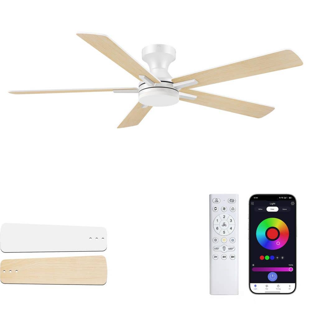 NEW 52 in. Smart Flush Mount Indoor/Outdoor Ceiling Fan with RGB LED Lights and APP/Remote Control, Dimmable, 6-Speeds