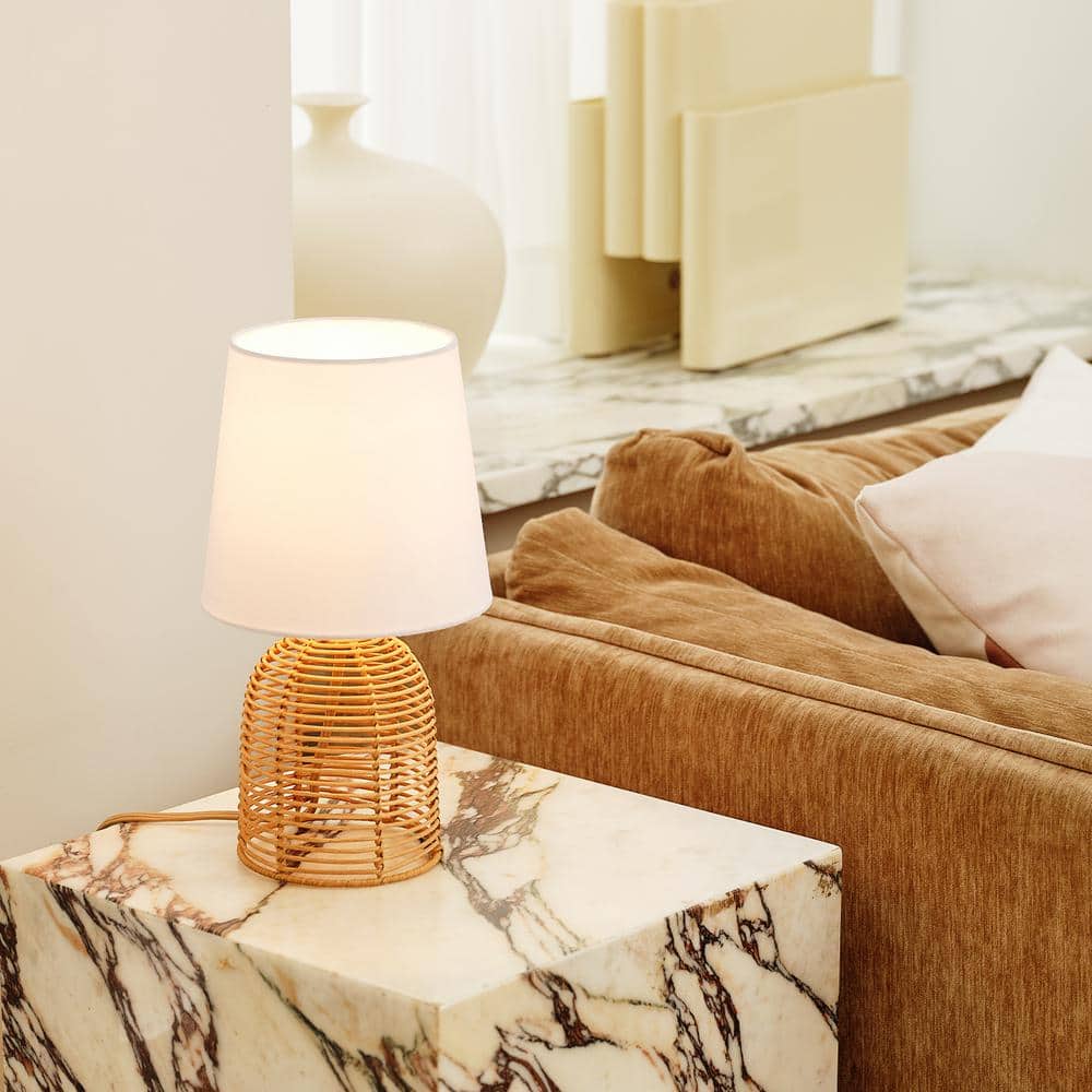 14" White Linen Shade Table Lamp with Rattan Base