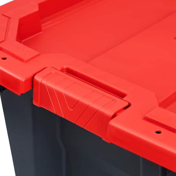 Husky 45 Gal Latch Stack Tote Wheels Black Red Lid Storage Bins Plastic  Durable
