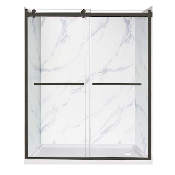 Double Roller 60 in. L x 30 in. W x 78 in. H Right Drain Alcove Shower Stall Kit in Carrara and Matte Black Hardware