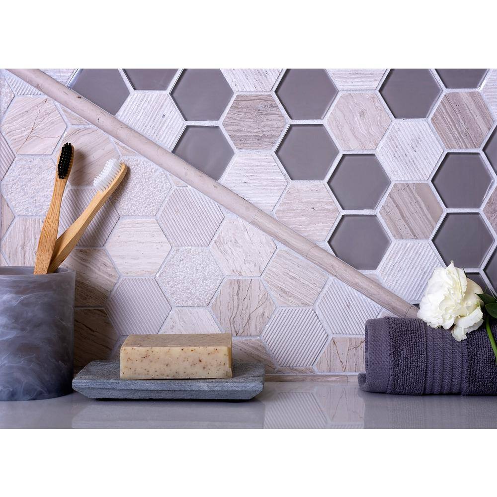 Gray Hexagon Glass and Marble Mosaic Tile for Walls and Floors
