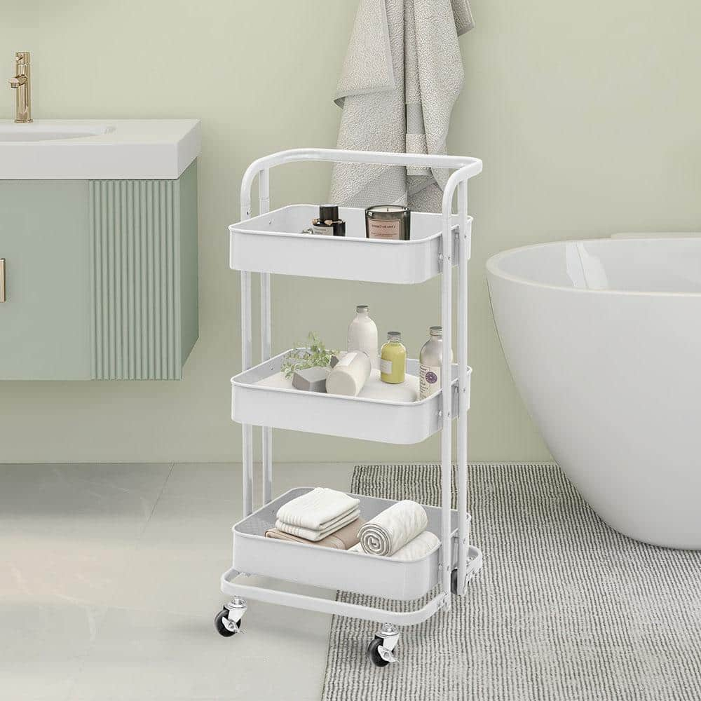 Maypex 35 in. 3 Tier Metal Foldable Rolling Utility Cart in White ...