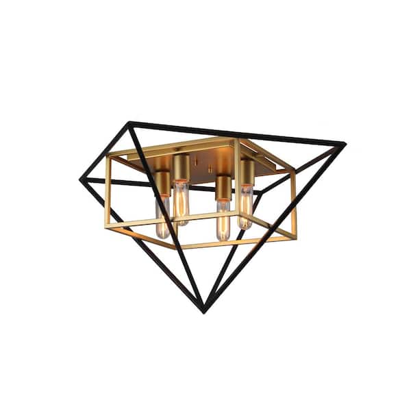 Pryor 27 in. W x 14.25 in. H 4-Light Antique Gold and Black Geometric Metal Flush Mount