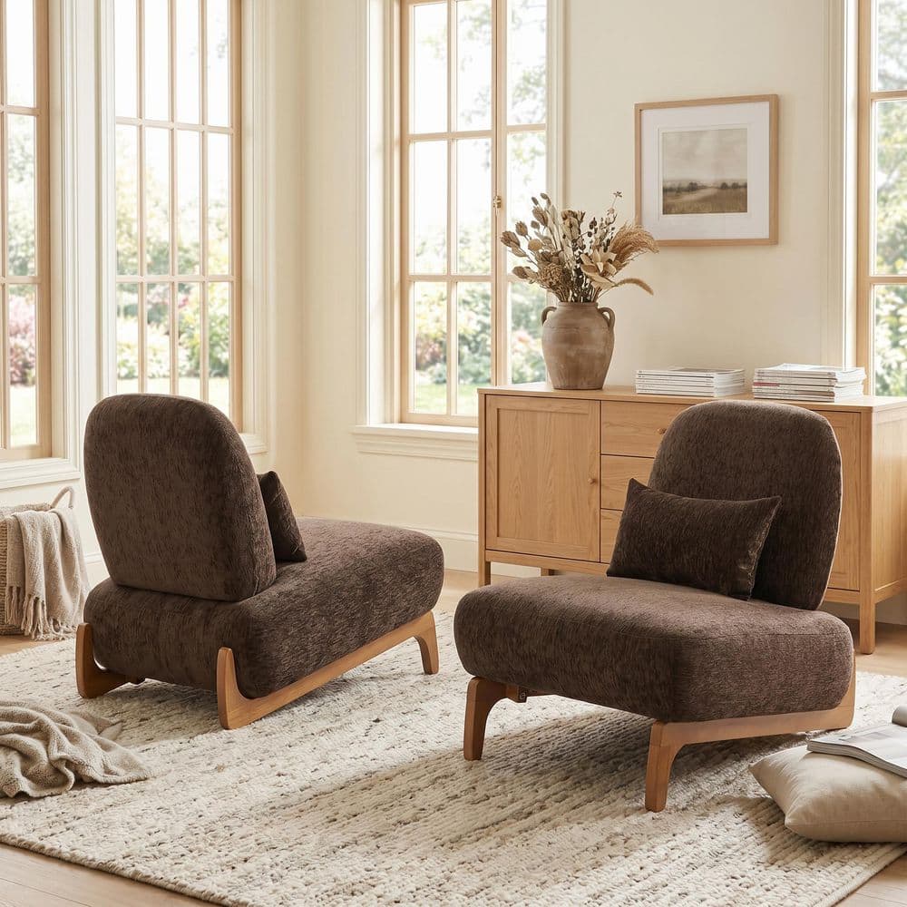 Kenzo Dark Brown and Natural Polyester Upholstered Accent Side Chair with Lumbar Pillow, Curved Wood Base, (Set of 2)