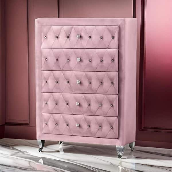 Pink and Silver 5-Drawers 34.5 in. Chest of Drawers Dresser Without Mirror