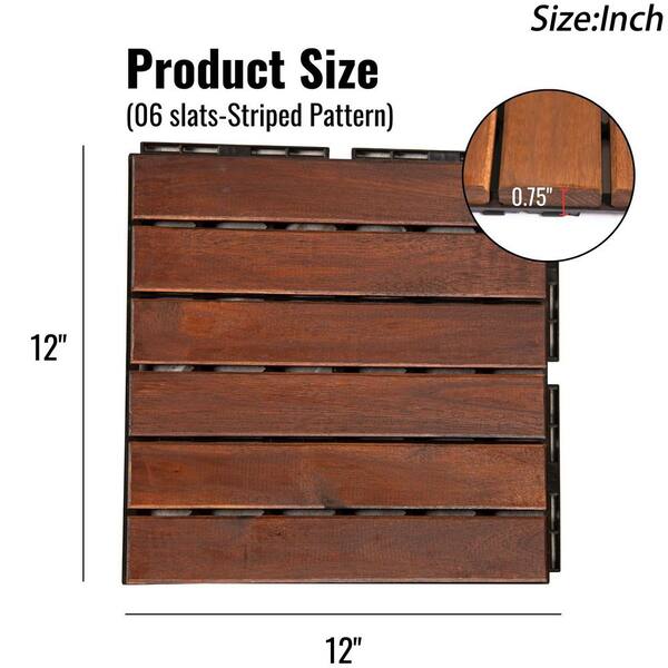 GOGEXX 12 in. x 12 in. Brown Striped Pattern Acacia Wood Interlocking Flooring Deck Tiles Square Outdoor Patio Pack of 30 Tiles