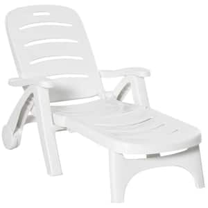 1-Piece White Plastic Folding Outdoor Chaise Lounge 5 Level Adjustable Backrest with Wheels for Pool Beach Patio