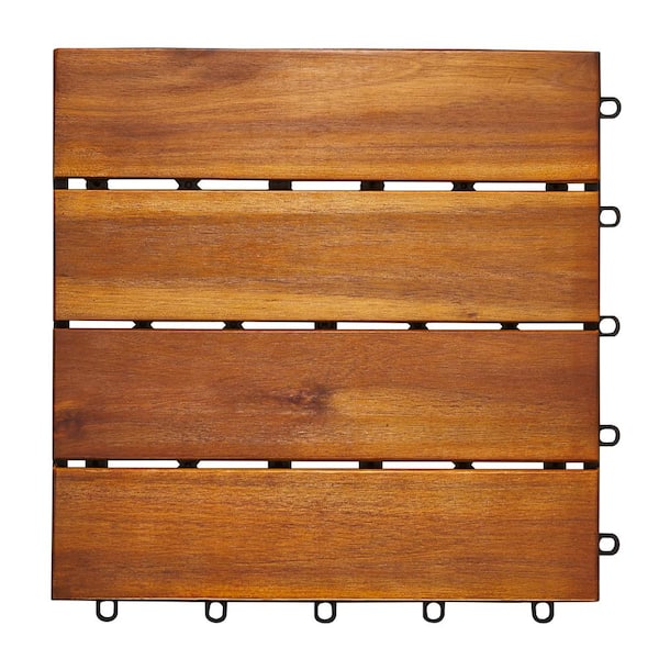 Unbranded Outdoor Patio 4-Slat Acacia Interlocking Deck Tile (Set of 10 Tiles)