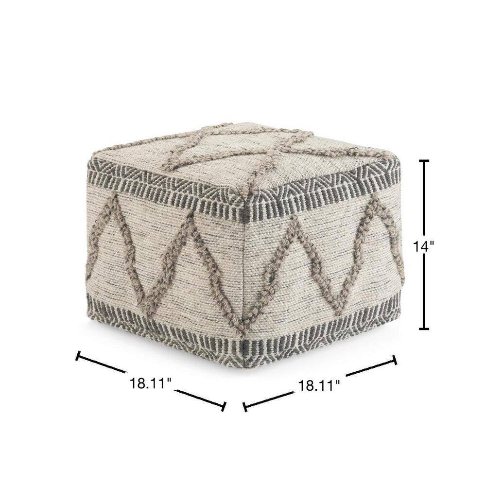 Sweeney Boho Handloom Woven Wool-Cotton Square Pouf in Grey Natural