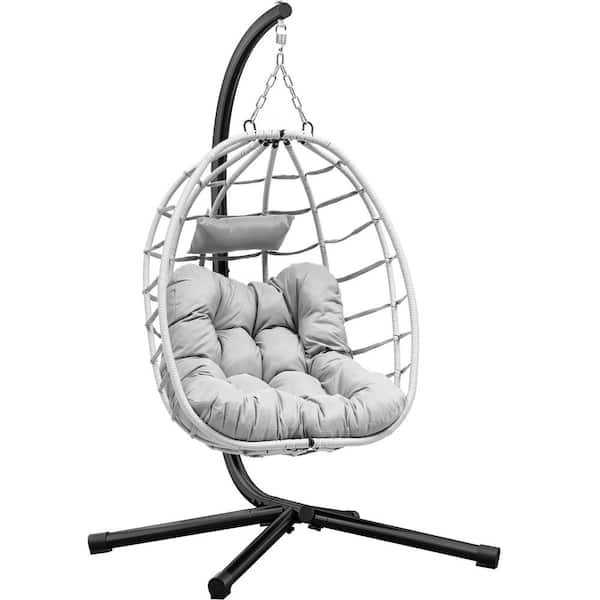 DEXTRUS Gray Wicker Patio Swing Hanging Egg Chair with Cushion