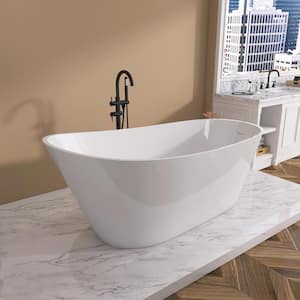 59 in. Acrylic Flatbottom Freestanding Bathtub in Gloss White with Integrated Slotted Overflow and Chrome Pop-up Drain