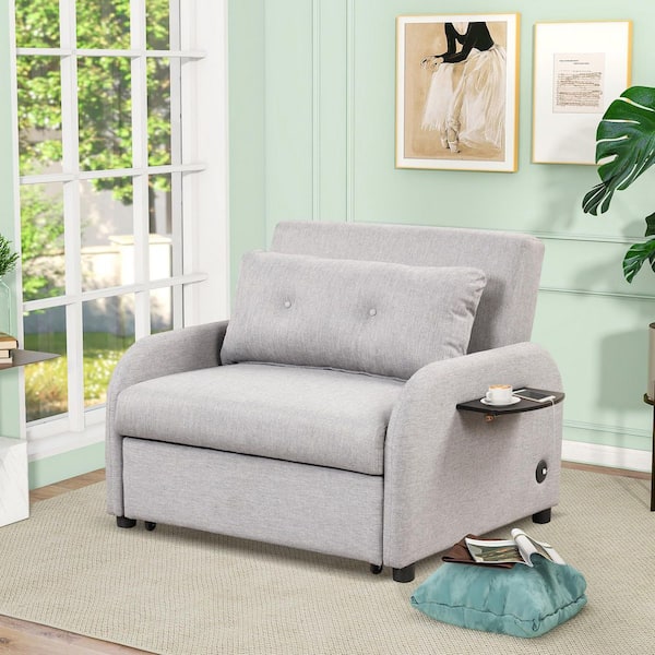 Wanda 42.90 in Gray Linen Upholstery Twin Size Pull Out Sofa Bed with 2 Wing Table and USB Charging Ports