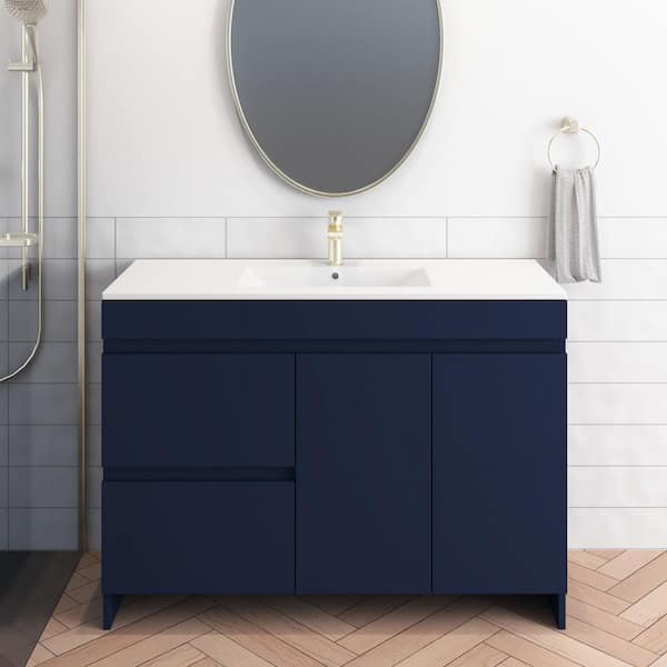 VOLPA USA AMERICAN CRAFTED VANITIES Mace 48 in. W x 18 in. D x 34 in. H Bath Vanity in Navy with White Ceramic Top and Left-Side Drawers