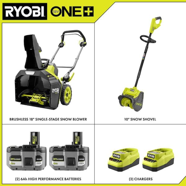 18V HP Brushless 18 in. Single-Stage Cordless Electric Snow Blower & 10" Snow Shovel w/ (2) 6.0 Ah Batteries, & Charger