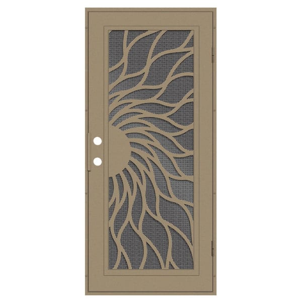 Unique Home Designs Sunfire 32 in. x 80 in. Left Hand/Outswing Desert Sand Aluminum Security Door with Black Perforated Metal Screen