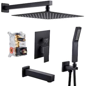 Rainfall 1-Spray Square 12 in. Tub and Shower Faucet with Hand Shower in Black (Valve Included)