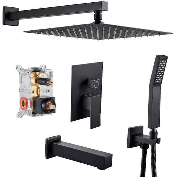 Zalerock Rainfall 1-Spray Square 12 in. Tub and Shower Faucet with Hand Shower in Black (Valve Included)
