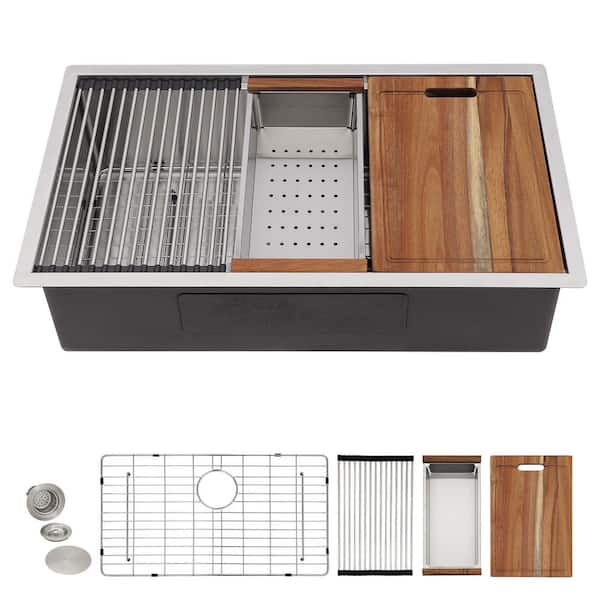 33 in. Undermount 304 Stainless Steel Kitchen Sink, Single Bowl Workstation Ledge Under Counter Basin with Accessories
