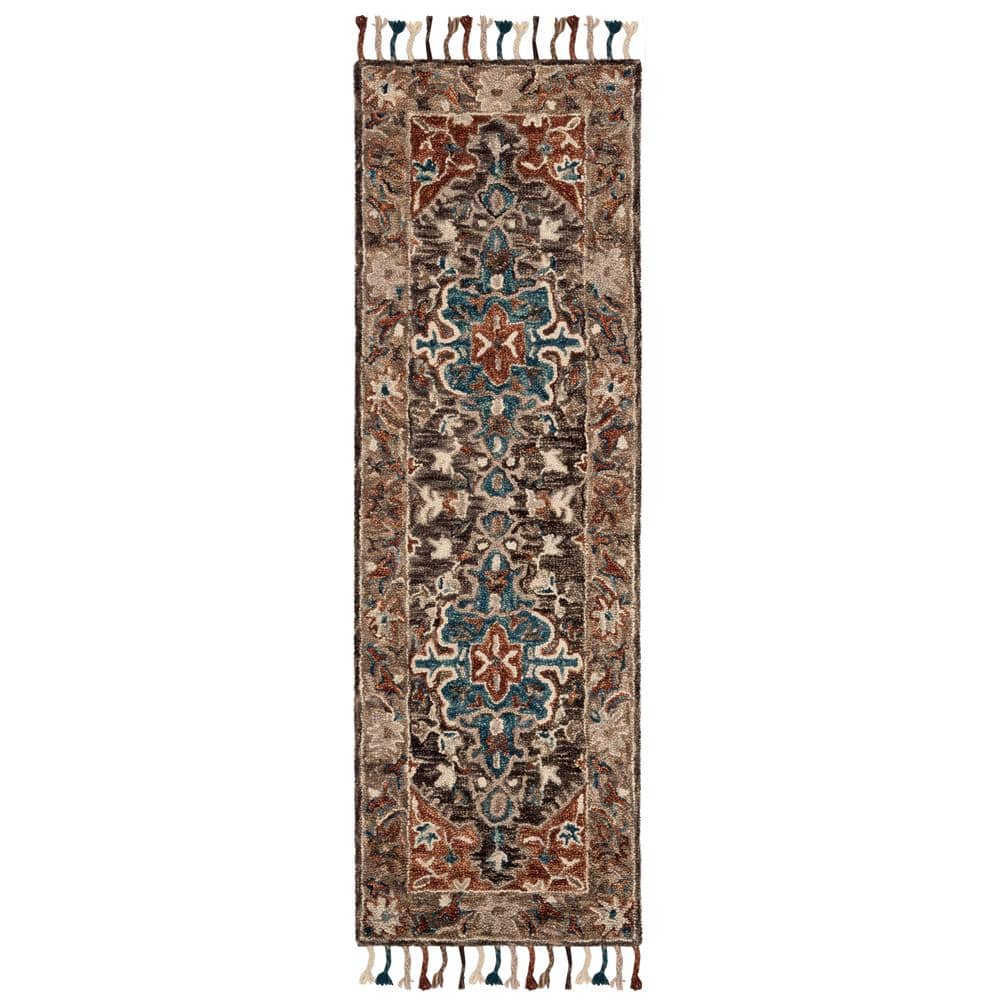 Aspen Blue and Charcoal Wool Floral Runner Rug