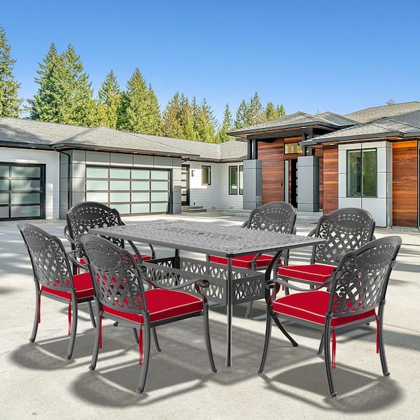 Willit Isabella 7-Piece Cast Aluminum Outdoor Dining Set with 58.27 in. x 34.65 in. Rectangular Table and Red Cushions