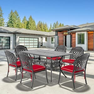 Isabella Black 7-Piece Cast Aluminum Outdoor Dining Set with Rectangle Table and Dining Chairs and Random Color Cushion