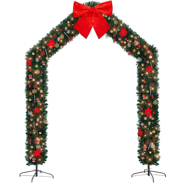 8. 5ft Pre-lit PVC Christmas Arch with 350 LED Lights and Bow and Ornaments