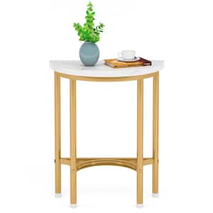 Andrea 20 in. White Half-Circle Faux Marble Wood End Table Side Table with Gold Metal Leg