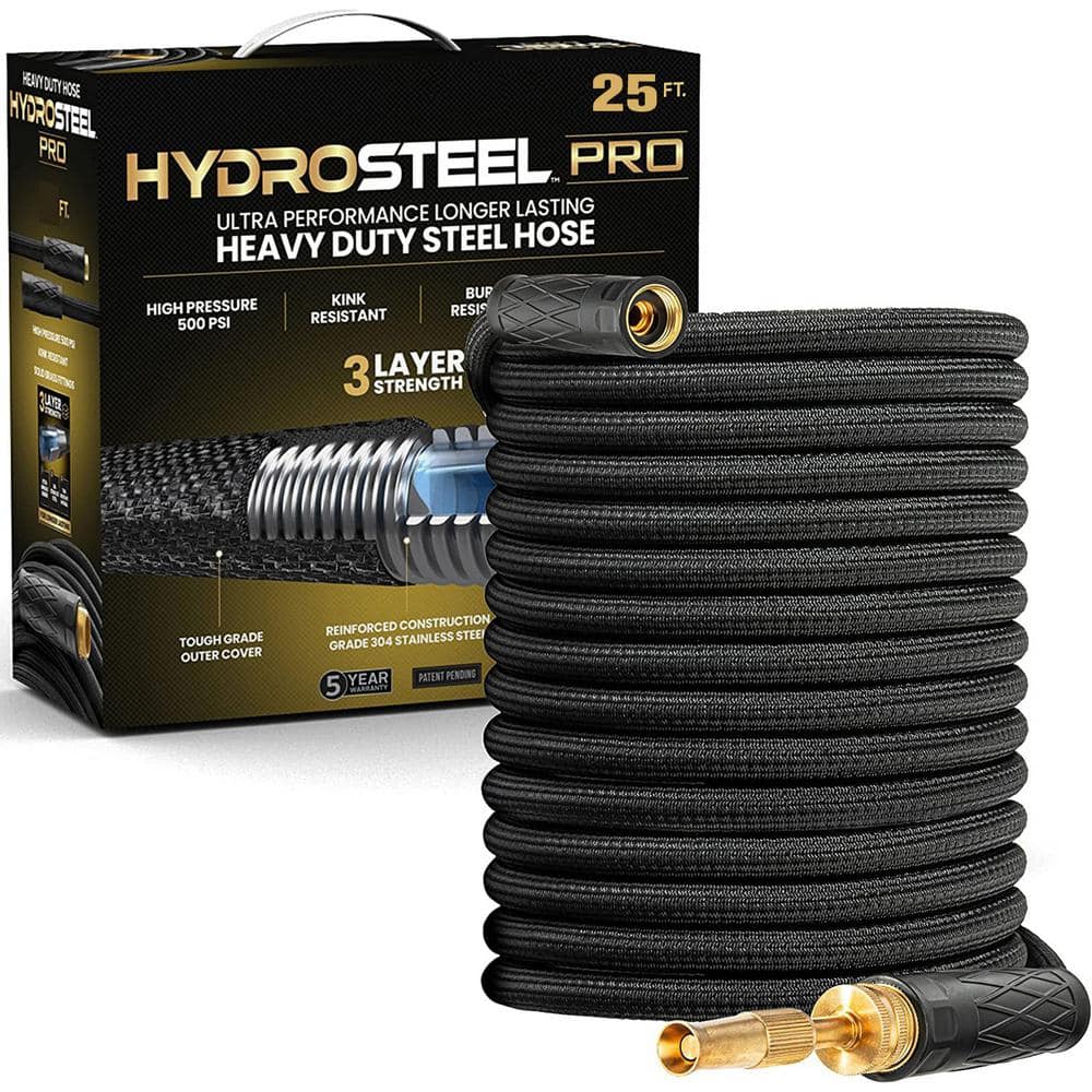 Hydrosteel Heavy Duty 25' Black Stainless Steel Garden Hose