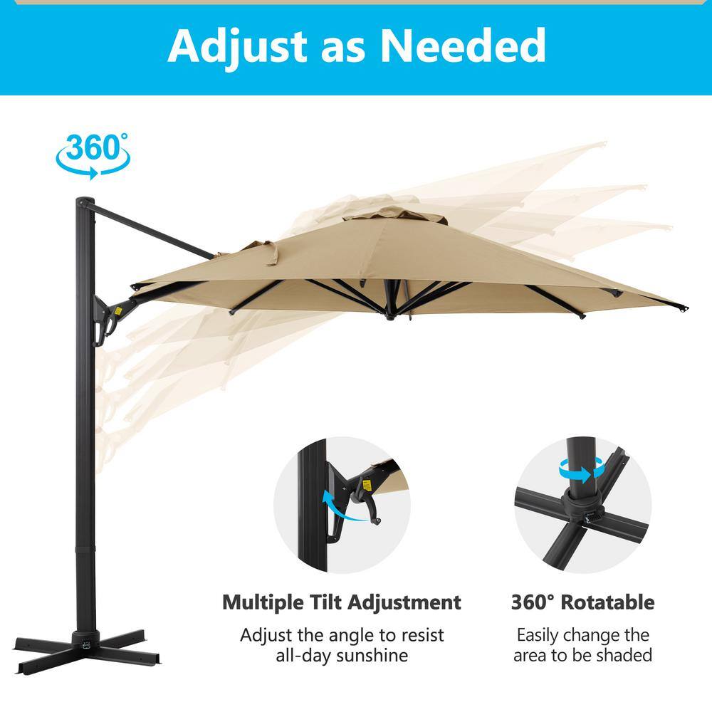 Khaki Round Cantilever Patio Umbrella with Black Steel Pole