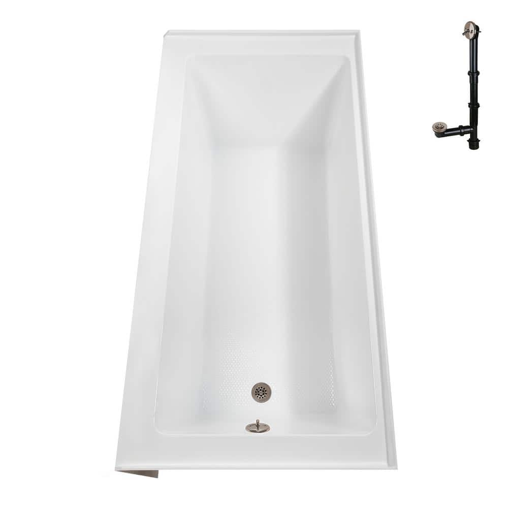 Glossy White Acrylic Right-Hand Drain Alcove Bathtub with Brushed Nickel External Drain