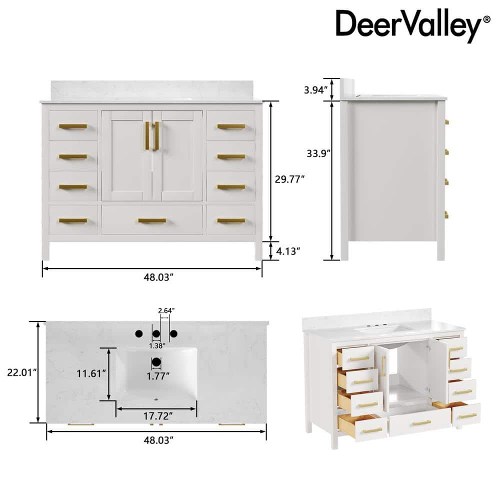48'' White Bathroom Vanity with Ceramic Sink and Gold Hardware