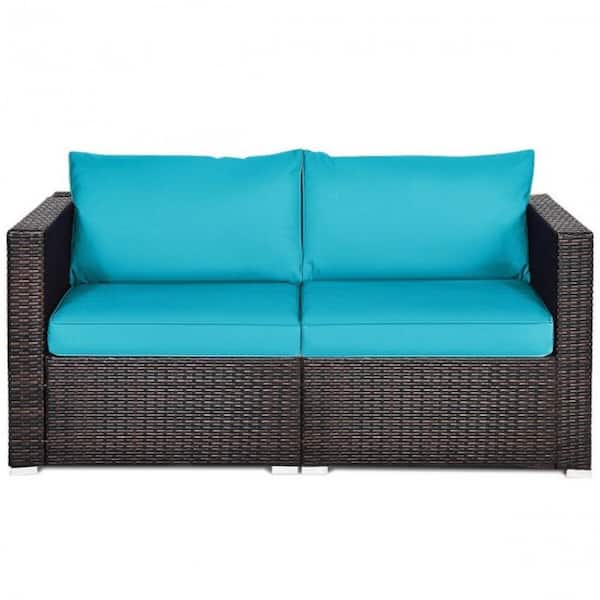 FORCLOVER 2 Pieces Patio Rattan Sectional Conversation Sofa Set with Turquoise Cushions