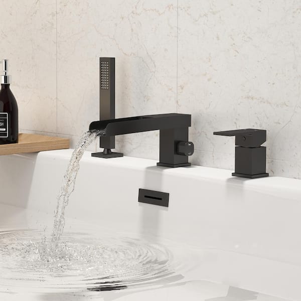 Pressure Balanced Single-Handle Deck-Mount Waterfall Roman Tub Faucet with Hand Shower in Matte Black