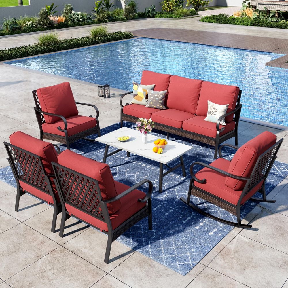 6-Piece Black Metal 7 Seats Outdoor Patio Conversation Set with Rocking Chair, Marbling Coffee Table and Red Cushions price history on PriceWatchPro