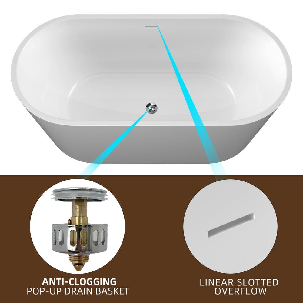 55" Glossy White Acrylic Freestanding Soaking Bathtub