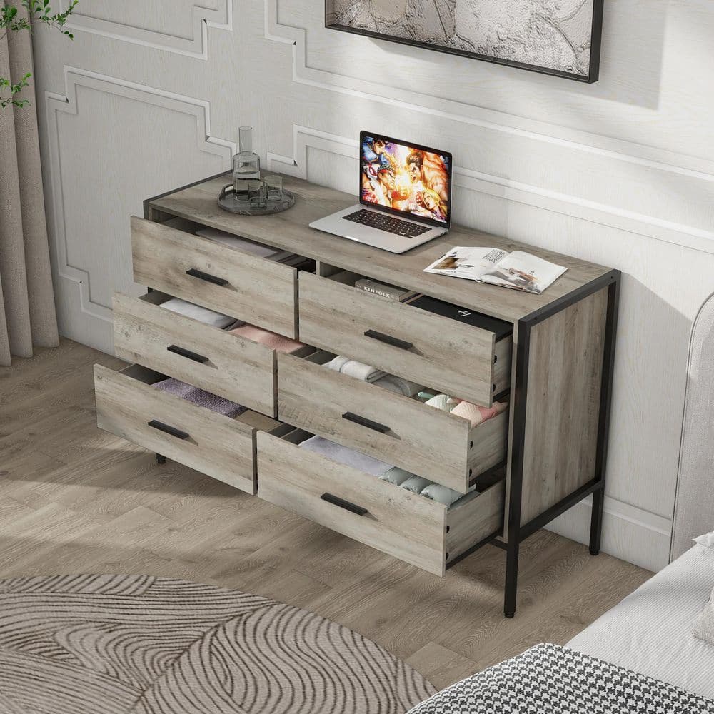 Rustic Gray Wood Dresser with Black Metal Frame, 6 Drawers
